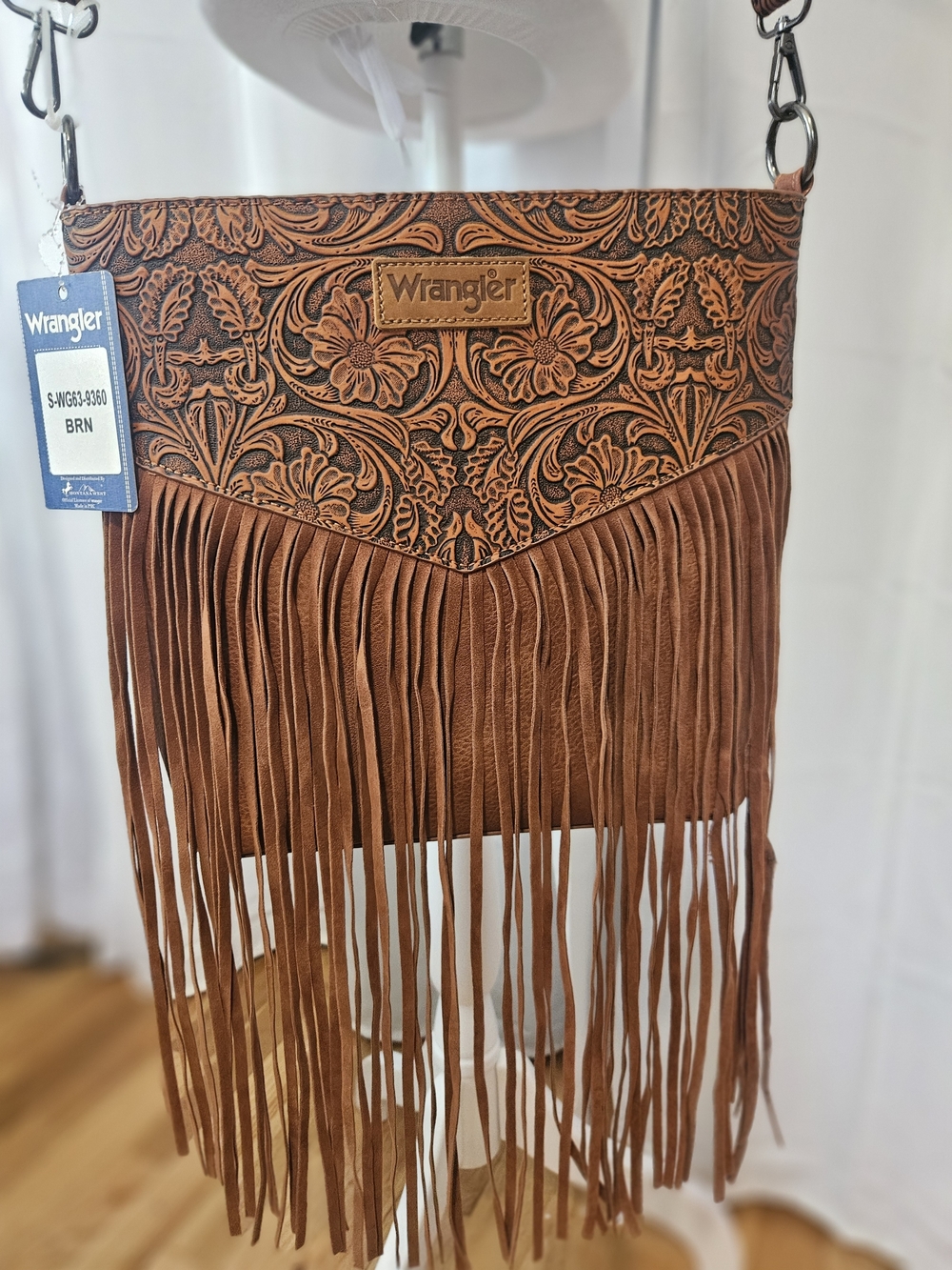 NWT Wrangler Tooled Leather Fringe Shoulder Bag Western Rodeo Cowgirl Boho Purse